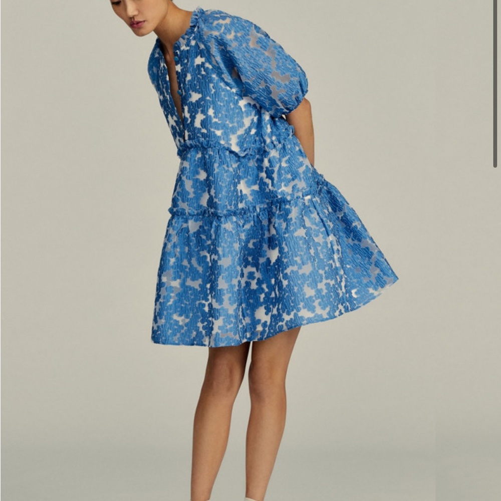 Maeve by Anthropologie Floral Jacquard Tiered Mini Dress in Blue, Size M